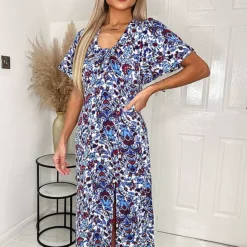 AX Paris Blue Floral V-Neck Tie Detail Short Sleeve Midi Dress With Split