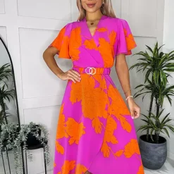 AX Paris Pink & Orange Floral Print Belted Wrap Midi Dress
