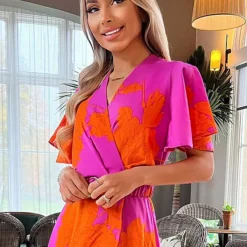 AX Paris Pink & Orange Floral Print Belted Wrap Midi Dress -Outlet Seraph Dress Store AX Paris Pink Orange Floral Print Belted Wrap Midi Dress37D458FRSP W02