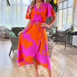 AX Paris Pink & Orange Floral Print Belted Wrap Midi Dress -Outlet Seraph Dress Store AX Paris Pink Orange Floral Print Belted Wrap Midi Dress37D458FRSP W03