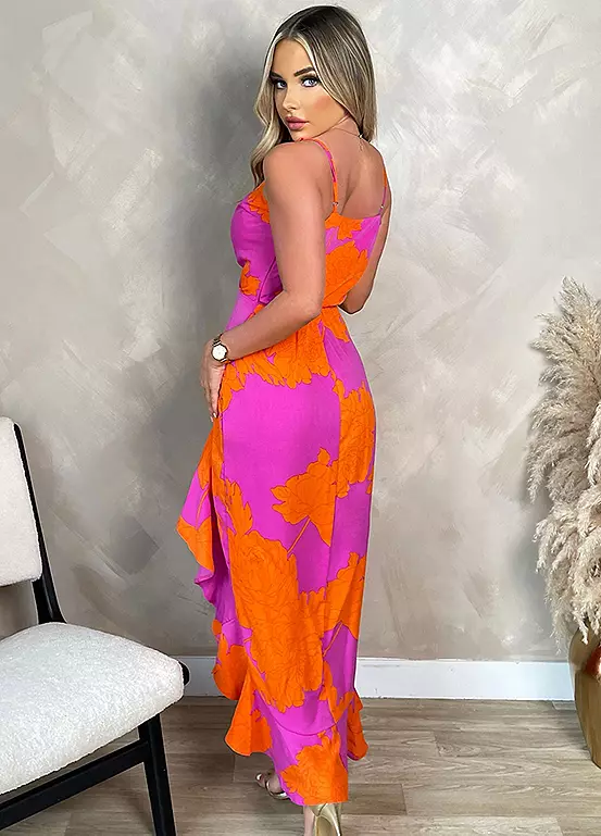 AX Paris Pink & Orange Floral Printed Wrap Over Strappy Midi Dress 2 AX Paris Pink & Orange Floral Printed Wrap Over Strappy Midi Dress - Image 2