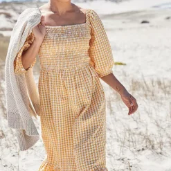 Freestyle Indie Yellow Gingham Tiered Midi Dress