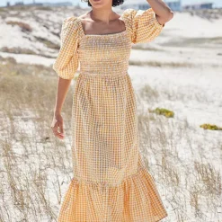 Freestyle Indie Yellow Gingham Tiered Midi Dress -Outlet Seraph Dress Store Freestyle Indie Yellow Gingham Tiered Midi Dress26J247FRSP W01