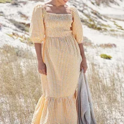 Freestyle Indie Yellow Gingham Tiered Midi Dress -Outlet Seraph Dress Store Freestyle Indie Yellow Gingham Tiered Midi Dress26J247FRSP W02