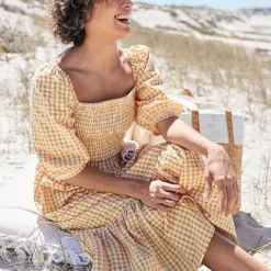 Freestyle Indie Yellow Gingham Tiered Midi Dress -Outlet Seraph Dress Store Freestyle Indie Yellow Gingham Tiered Midi Dress26J247FRSP W04