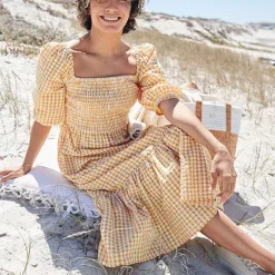 Freestyle Indie Yellow Gingham Tiered Midi Dress -Outlet Seraph Dress Store Freestyle Indie Yellow Gingham Tiered Midi Dress26J247FRSP W05