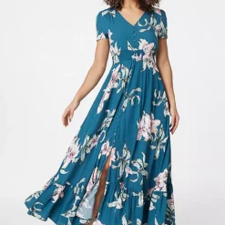 Izabel London Teal Floral Fit & Flare Maxi Dress