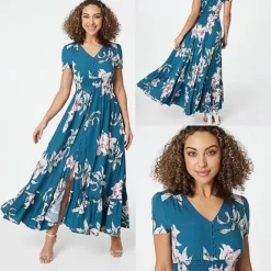 Izabel London Teal Floral Fit & Flare Maxi Dress -Outlet Seraph Dress Store Izabel London Teal Floral Fit Flare Maxi Dress41G681FRSP W05