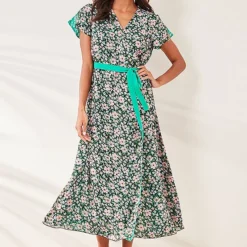 Kaleidoscope Green Spot & Floral Reversible Wrap Midi Dress -Outlet Seraph Dress Store Kaleidoscope Green Spot Floral Reversible Wrap Midi Dress65G103FRSP W01