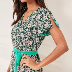 Kaleidoscope Green Spot & Floral Reversible Wrap Midi Dress -Outlet Seraph Dress Store Kaleidoscope Green Spot Floral Reversible Wrap Midi Dress65G103FRSP W02