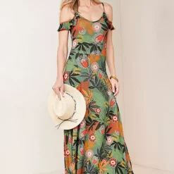 Kaleidoscope Green Tropical Cold Shoulder Maxi Dress