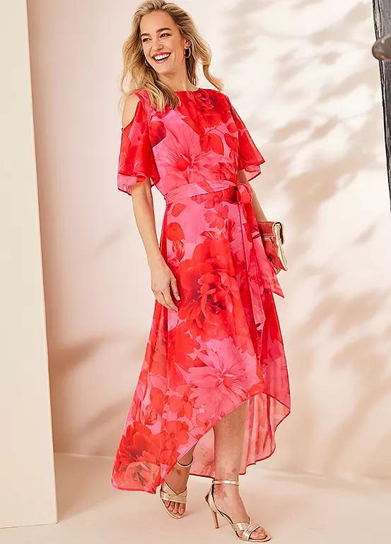 Kaleidoscope Pink Floral Print Hi Low Hem Dress 3 Kaleidoscope Pink Floral Print Hi Low Hem Dress - Image 3