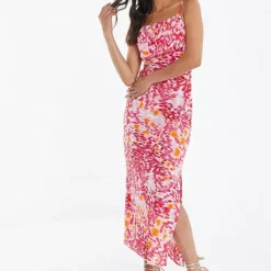 Quiz Pink Orange Non Animal Woven Midi Dress With Knot Bust
