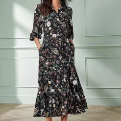 Together! Together Black Floral Print Shirt Dress -Outlet Seraph Dress Store Together Black Floral Print Shirt Dress44W701FRSP W02